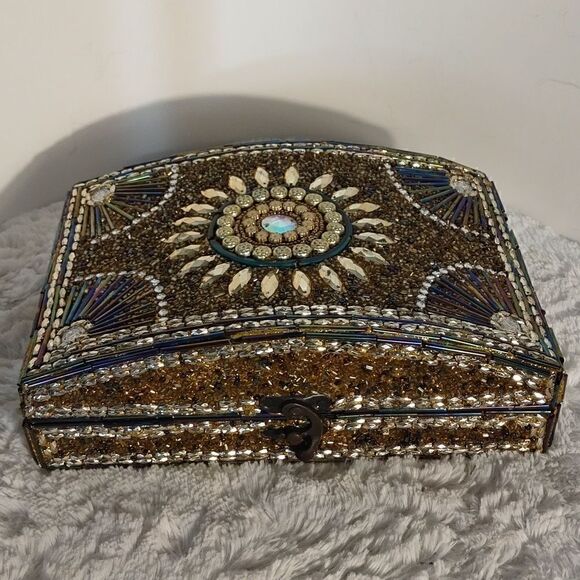 Beaded Iridescent Wood Box  - Picture 1 of 9